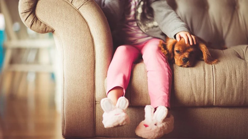 a girl with a dog on couch