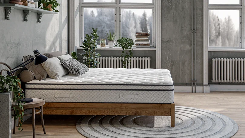 Image du matelas Vesgantti Pro Hybrid sur un cadre de lit dans une chambre à coucher