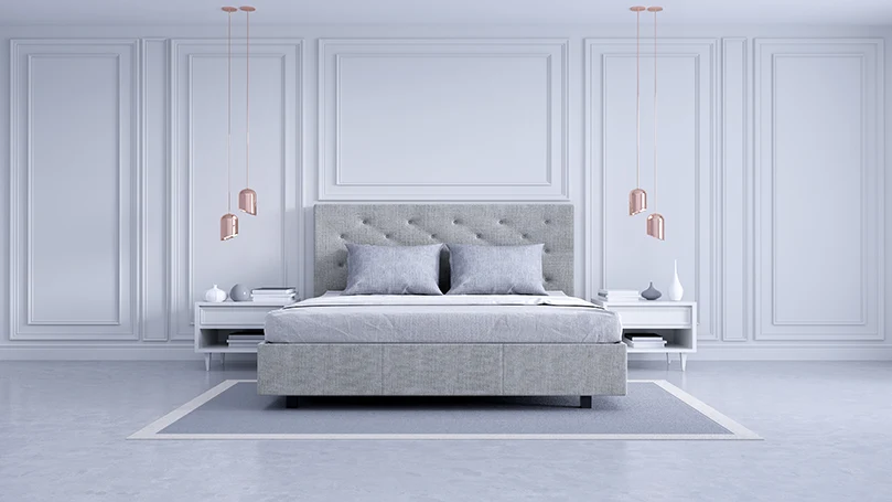 Une image du lit et de la chambre à coucher du 21e siècle.