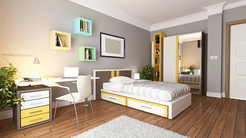Image d'une chambre à coucher aux couleurs mélangées.
