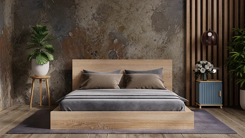 Image d'une chambre à coucher moderne avec un sol en bois foncé.