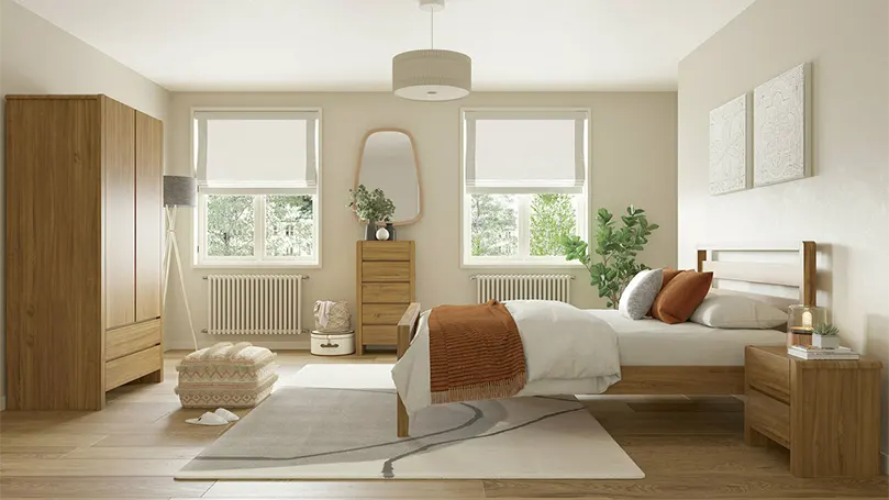 Image d'un cadre de lit hip hop à côté d'une fenêtre dans une chambre à coucher.