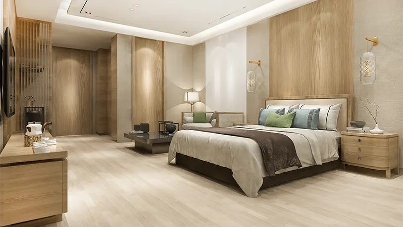 Image d'une chambre à coucher luxueuse et moderne avec un sol moderne.