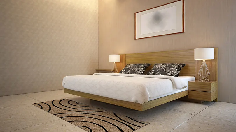 Image d'une chambre à coucher minimaliste avec un matelas épais.