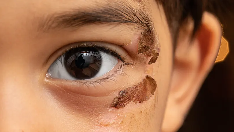 Image d'un enfant présentant des cicatrices près des paupières.