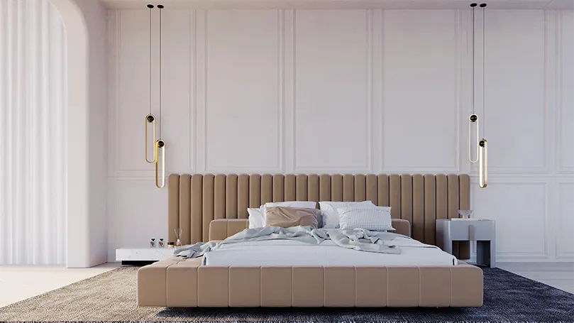 Image d'un grand lit dans une grande chambre à coucher avec des lumières