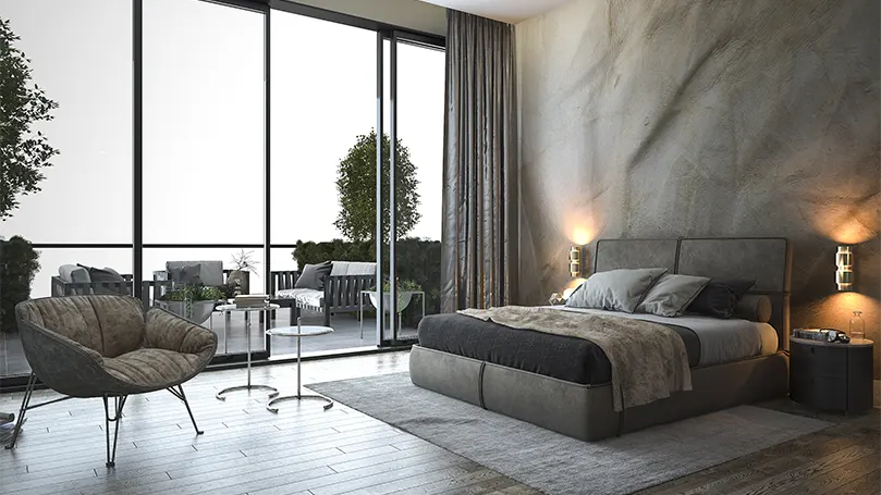 Image d'une chambre à coucher moderne avec un haut plafond.