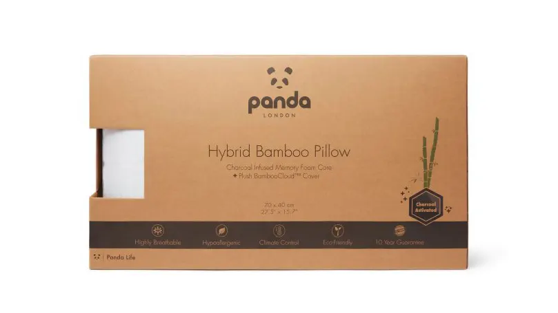 Une image de l'oreiller en bambou hybride Panda dans un emballage écologique fermé.