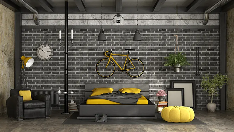 Image d'une chambre à coucher rustique avec un mur en briques