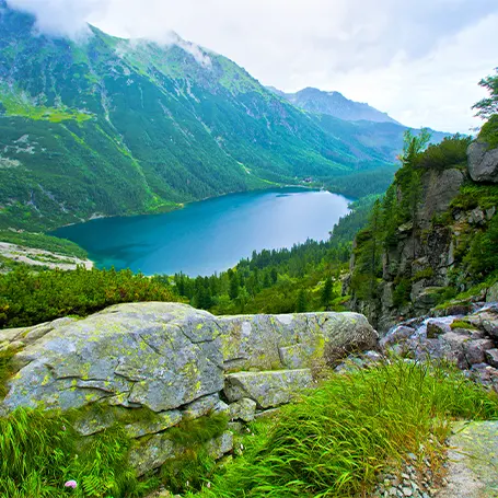 Image d'un paysage avec des montagnes et un lac au loin