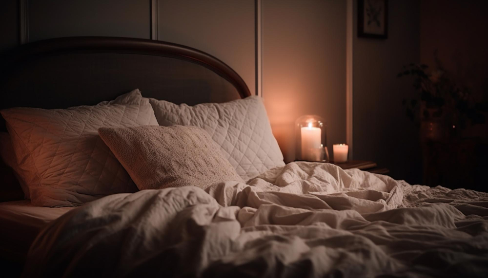 Image d'un lit avec des bougies à côté.