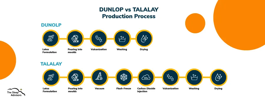Une infographie présentant les différences entre la production du latex Dunlop et celle du latex Talalay.